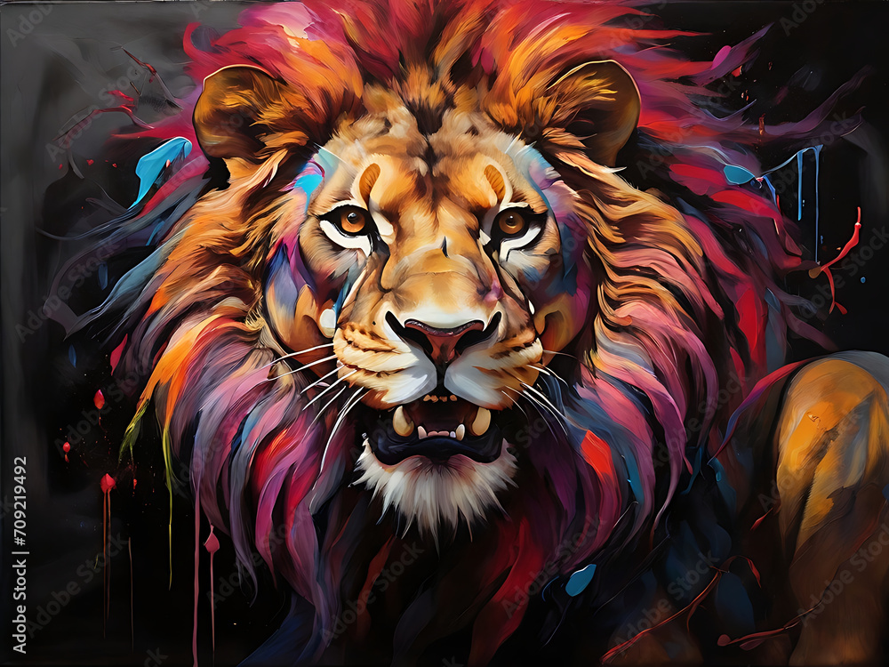 painting of an aggressive and muscular lion with vibrant colors on a dark canvas