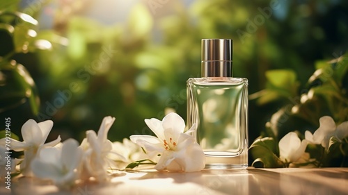Exquisite Fragrance Ensemble: A Petite Bottle of Perfume Accompanied by Enchanting Blooms - AI Generative