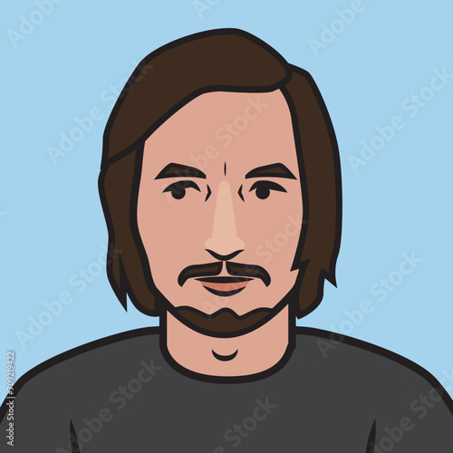 Thoughtful man with long hair mustache vector portrait avatar
