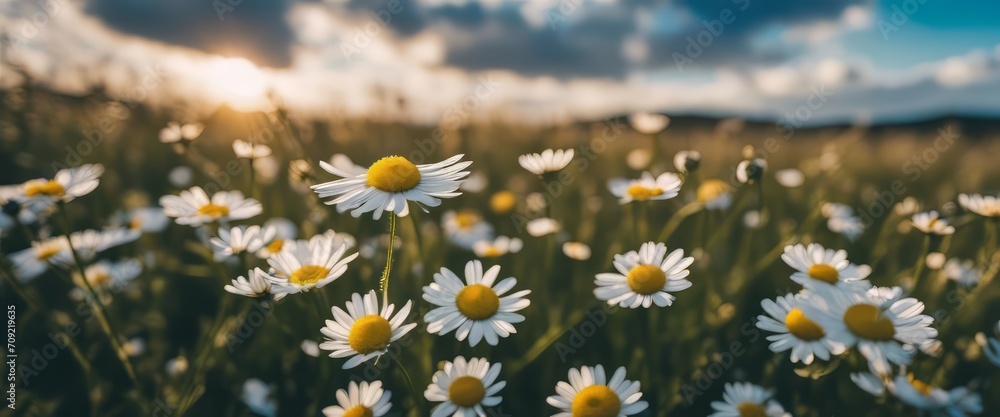 Beautiful field meadow flowers chamomile, blue wild peas in morning against blue sky with clouds