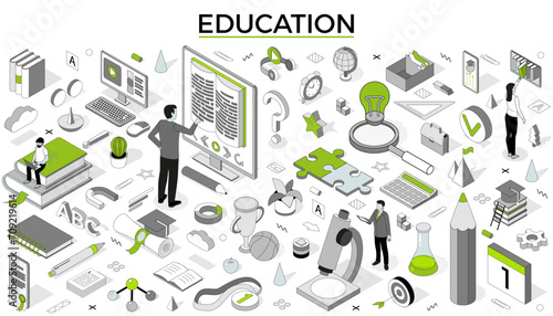 University study. Isometric students learning on training. Outline people in computer class. Knowledge service. Library book and educational video. Electronic course. Vector line concept