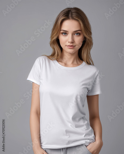 woman in a white T-shirt  mockup for design selling online 