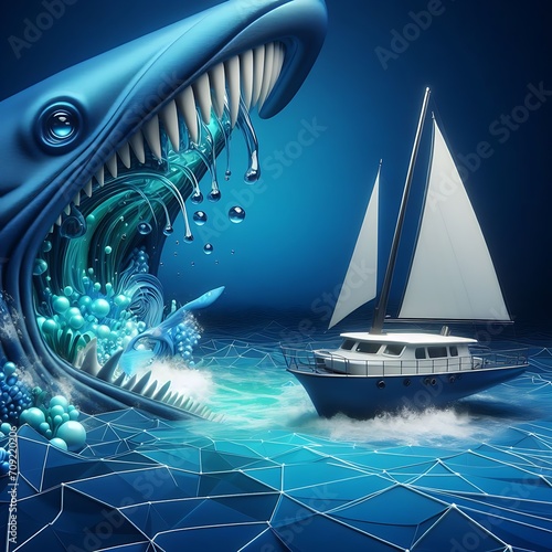 Majestic Encounters  Surreal Adventures in a Mythical Ocean with Giant Whales and Sailing Ships with Ai generated