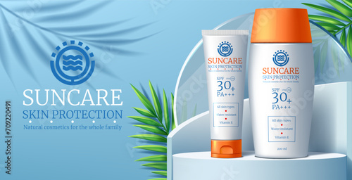 3D sunscreen. Summer skincare ad of sale both stage. Cosmetic product promotion. Orange sun and shadows. Beach UV block care. Sunblock moisturizing cream. Vector advertising banner design