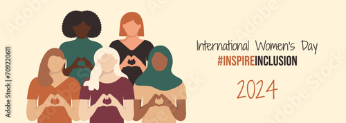 International Women's Day banner 2024. IWD InspireInclusion horizontal design with girls shows Heart Shape with their hands. Inspire inclusion social campaign. Varied Women in faceless style