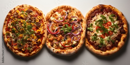 Set of pizzas on a wooden board isolated on a white background. Different types of pizzas. Delicious pizza isolated close-up. Pizza delivery. 