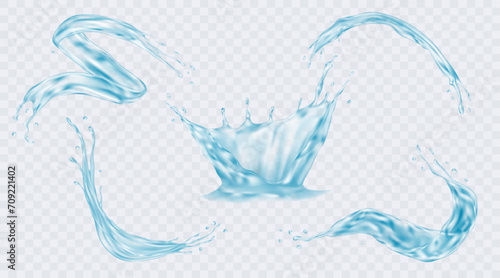 Water splash. 3d white wave, isolated blue drops on surface, realistic transparent swirl sides. Falling aqua in motion. Pure clean liquid. Drinks and beverage, vector 3d background