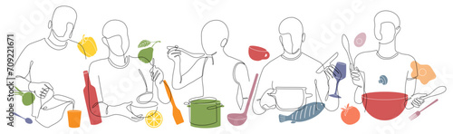 Food art. People cooking. Line art. Culinary chef pattern or poster. Cook at kitchen. Fresh products. Fish and vegetables. Meal preparing at home. Color utensil. Vector outline background