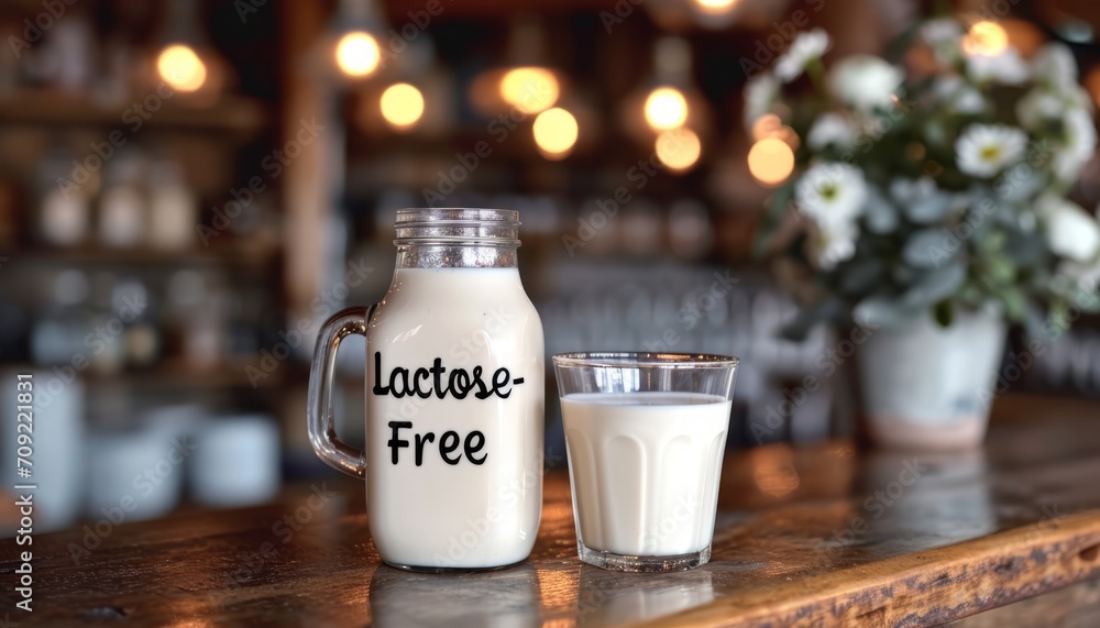Lactose-free milk in a glass and jug and a sign. Concept: nutrition and products for allergy sufferers. Food with beneficial properties. Farm products without harmful substances.
 - obrazy, fototapety, plakaty 