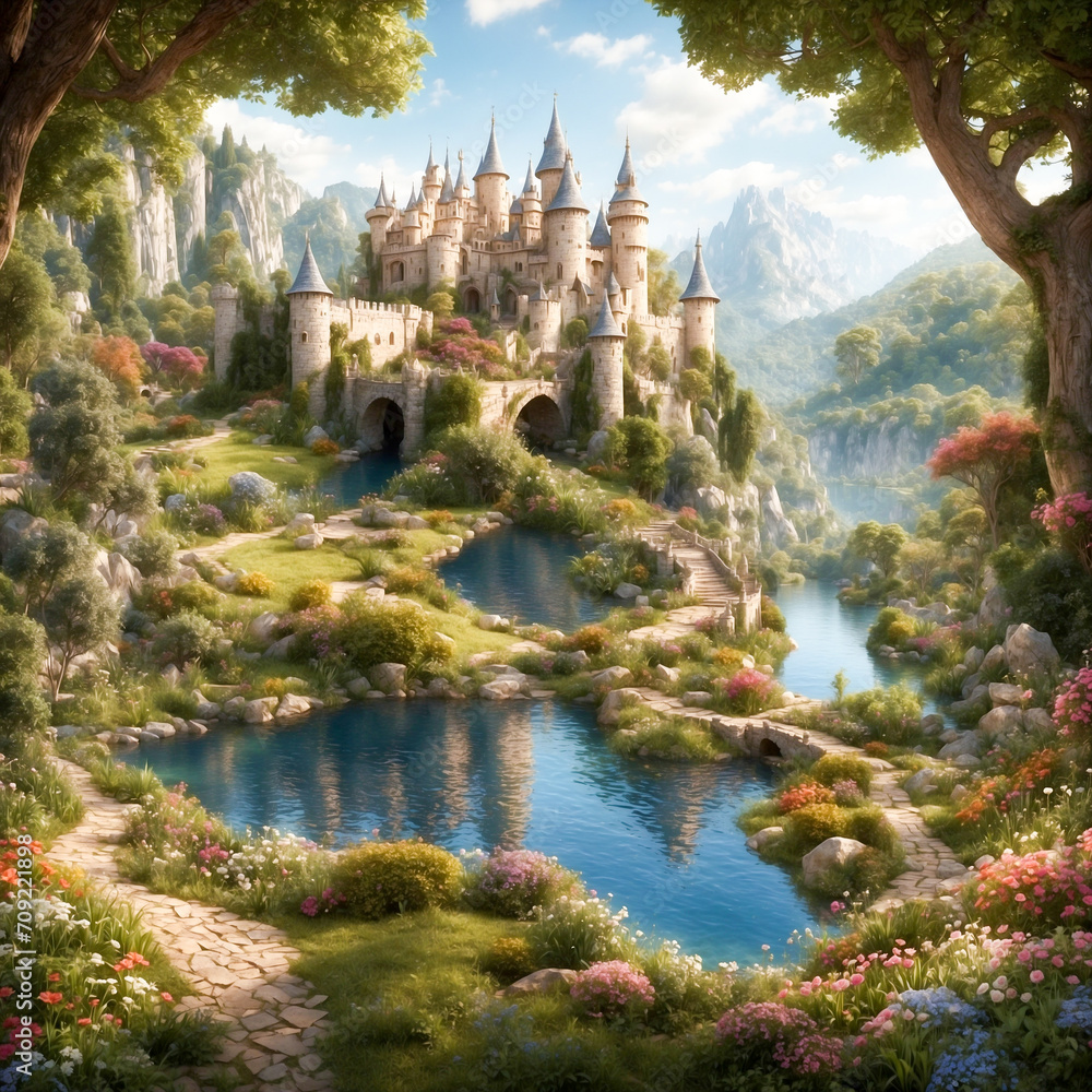 Fairy landscape with beautiful garden and ancient castle in the mountains.