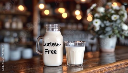 Lactose-free milk in a glass and jug and a sign. Concept: nutrition and products for allergy sufferers. Food with beneficial properties. Farm products without harmful substances.
