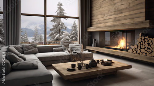 Scandinavian home interior design of modern living room. chairs at round wooden dining table in room with sofa and cabinet near green wall. Scandinavian, mid-century home interior design of modern 