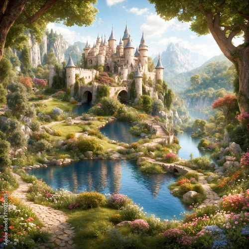 Fairy landscape with beautiful garden and ancient castle in the mountains.