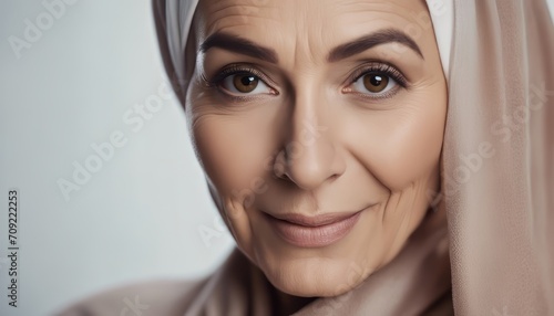 Beautiful gorgeous 50s mid aged muslim mature woman looking at camera isolated on white. Mature old