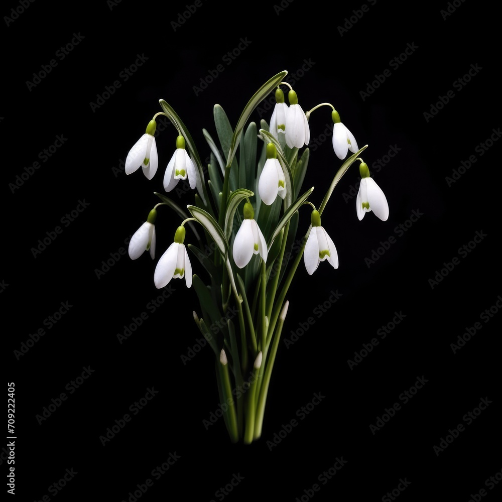 Obraz premium Spring snowdrops in glass with water on black background. Beautiful first spring flowers, close up