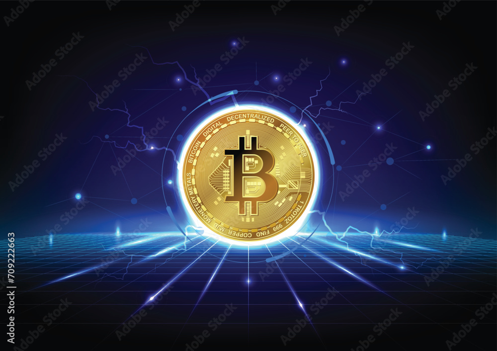 Golden Bitcoin coin, surrounded by a digital aura. Creating a glowing effect, reflective surface on dark blue digital grid with a network connecting lines and dots, electric blue lightning bolts. Golden Bitcoin coin, surrounded by a digital aura. Creating a glowing effect, reflective surface on dark blue digital grid with a network connecting lines and dots, electric blue lightning bolts.