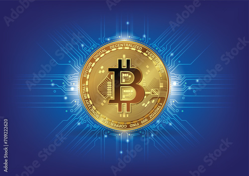 Golden bitcoin coin with circuit electric line, flash, blue light glowing lights. Bitcoin halving concept. Cryptocurrency vector,illustration on background.