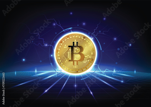 Golden Bitcoin coin, surrounded by a digital aura. Creating a glowing effect, reflective surface on dark blue digital grid with a network connecting lines and dots, electric blue lightning bolts.