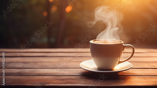 White coffee cup, mug with steaming smoke of coffee on old wooden table in morning nature outdoor, garden background, Hot Coffee Drink, Beverage Concept, espresso, breakfast, generative ai