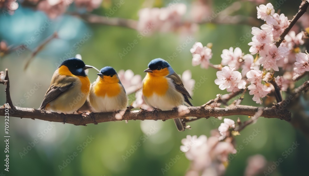 beautiful little birds are sitting next to each other on a branch in a Sunny spring Park