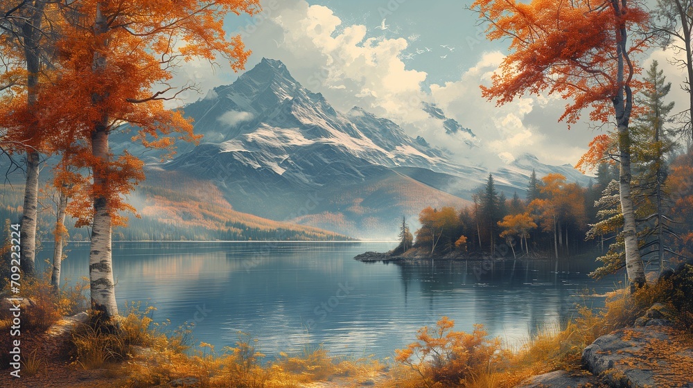 AI generated illustration of captivating mountains nestled within a lush forest, surrounded by lake