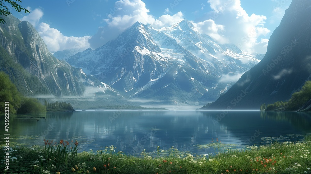 AI generated illustration of a captivating mountain landscape with a crystal-clear lake view