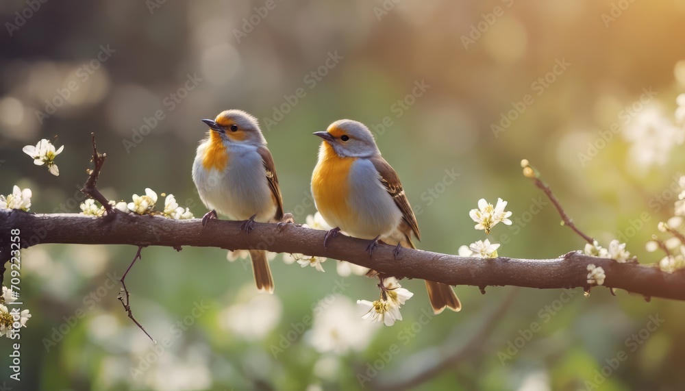 beautiful little birds are sitting next to each other on a branch in a Sunny spring Park beautiful little birds are sitting next to each other on a branch in a Sunny spring Park