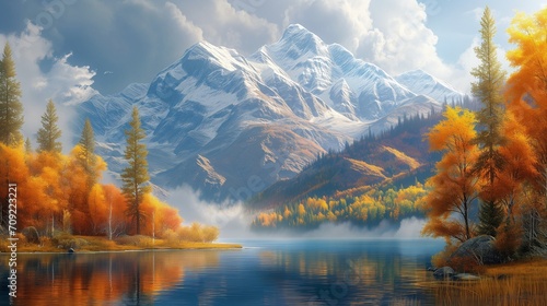 AI generated illustration of a captivating mountain range surrounded by a peaceful lake view photo