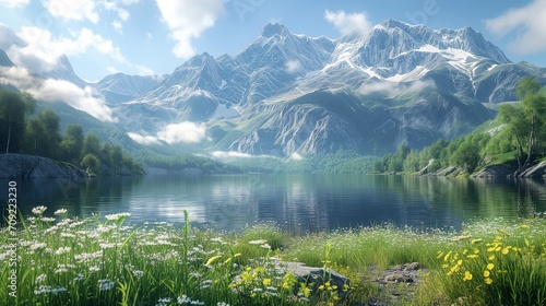 AI generated illustration of a lake view and captivating mountains, adorned with blooming flowers