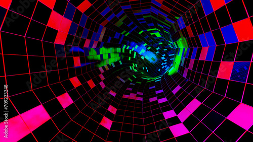 Flying through colorful mirror structures, creating a tunnel-like technological space with a neon glow. Sci-fi flight through design complexity. Neon glow. 3d seamless bright background.