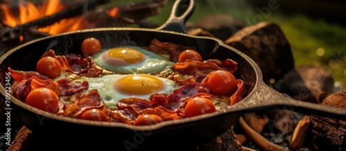 cooking meat and eggs in a cast iron skillet