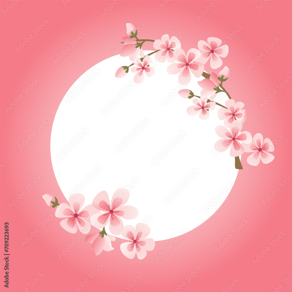 Cherry Blossom Circular Frame. Wreath with Spring Flowers. Design for Invitation, Banner, Card, Flyer, Poster. Vector Illustration.