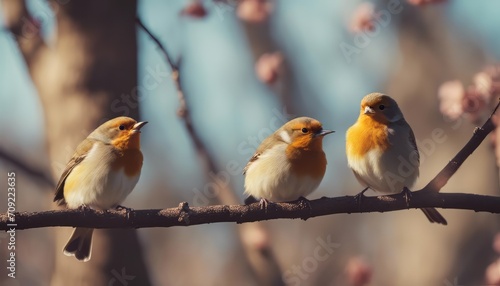 beautiful little birds are sitting next to each other on a branch in a Sunny spring Park photo
