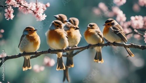 beautiful little birds are sitting next to each other on a branch in a Sunny spring Park photo