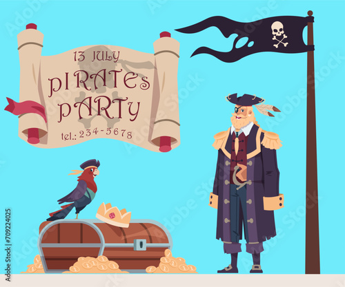 Pirate party invitation banner. Filibuster captain. Treasure chest. Gold coins and crown. Corsairs parrot. Crossbones flag. Parchment scroll. Holiday invite. Vector greeting card design