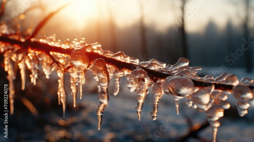 An icy branch with icicles in the winter in the sun. Frost outside, cold winter weather photography. Lots of icicles on a tree. Weather forecast: severe frost, low temperature. The ice is melting.