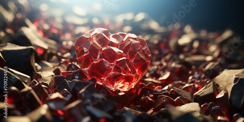 Red decorative ornaments in the form of hearts illustration of some heart-shaped rubies Organic holographic flash drop shining surface by light reflection showing blur background. photo
