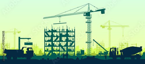 Building crane. City industry. Cityscape silhouette. House reconstruction project for workers. Concrete mixer. Industrial truck. Urban panorama. Skyscrapers build. Vector design background