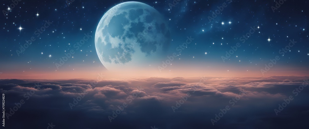 blue gradient mystical moonlight sky with clouds and stars