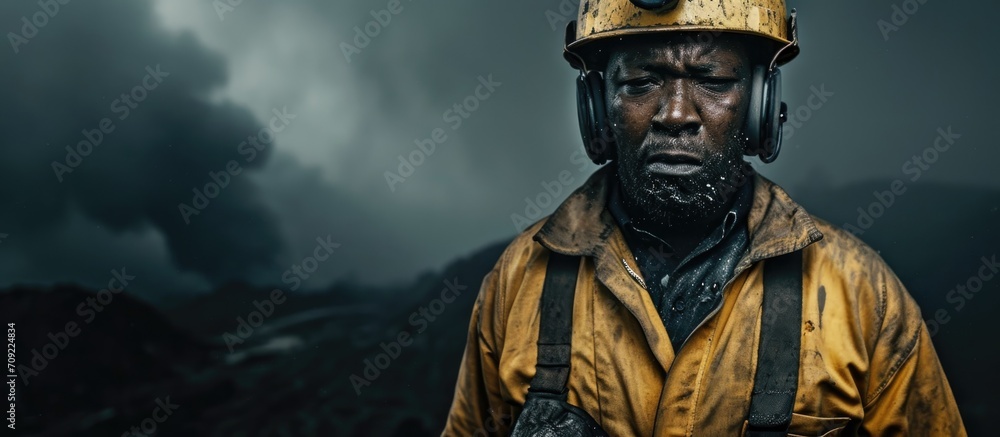 A coal mine worker, of African descent, wears coveralls, a hard hat, and dons a face mask after a long day at work. A coal mine worker, of African descent, wears coveralls, a hard hat, and dons a face mask after a long day at work.