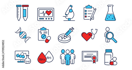 Clinical study, trials line icon set. Comparison group, test person,syringe, pills, microscope,test tubes, dna, test, prescription, Rh factor, blood vector illustration in blue and red.