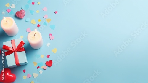 Romantic Valentine's Day Celebration with Gifts, Candle, and Confetti on a Pastel Blue Background - Love and Joy Concept