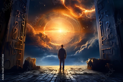 Surreal scene with angels and man in black suit. Heaven planet. 3D rendering photo