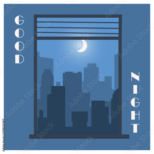 Landscape in window. City view from home. Good night card. Nighttime cityscape. Urban architecture. Silhouettes of modern buildings. House windowsill. Vector downtown midnight panorama