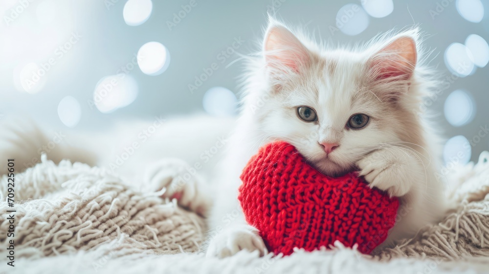 White cat holding a heart-shaped red knitted object in its paws, conveying a sense of warmth, comfort, and affection White cat holding a heart-shaped red knitted object in its paws, conveying a sense of warmth, comfort, and affection