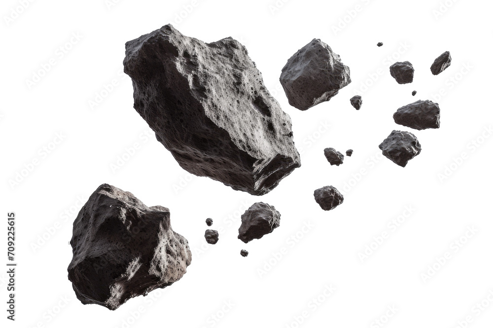 Asteroids swarm of boulders or stone meteorite isolated on transparent png background, flying rock in the space. - obrazy, fototapety, plakaty 