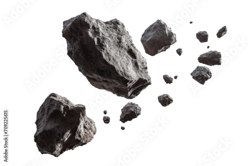 Asteroids swarm of boulders or stone meteorite isolated on transparent png background  flying rock in the space.