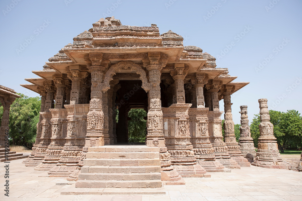 India Modhera Hindu temple on a cloudy winter day