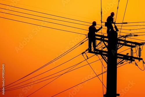 Silhouettes of workers on high-voltage towers, Electrical Engineers and Workers.