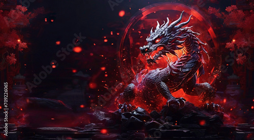 A black dragon with a red glow and light particles on an Asian background with plants